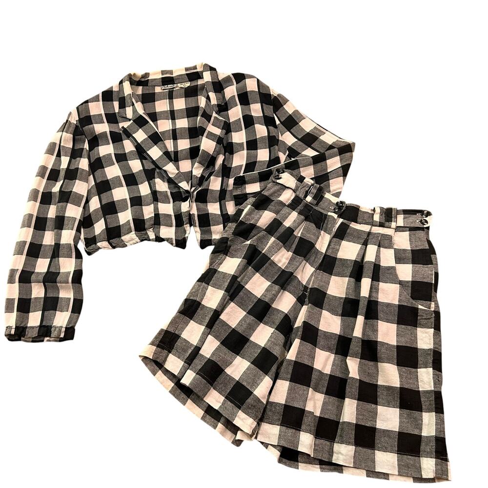 Vintage 90s Buffalo Check 2 Piece Set Crop Blazer Shorts Set M L -